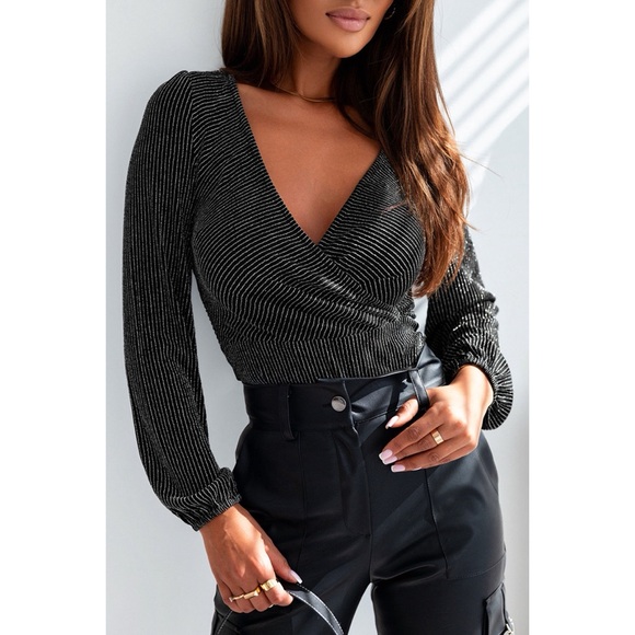 Tops - Elegant Black Striped Shimmer V-Neck Bodysuit